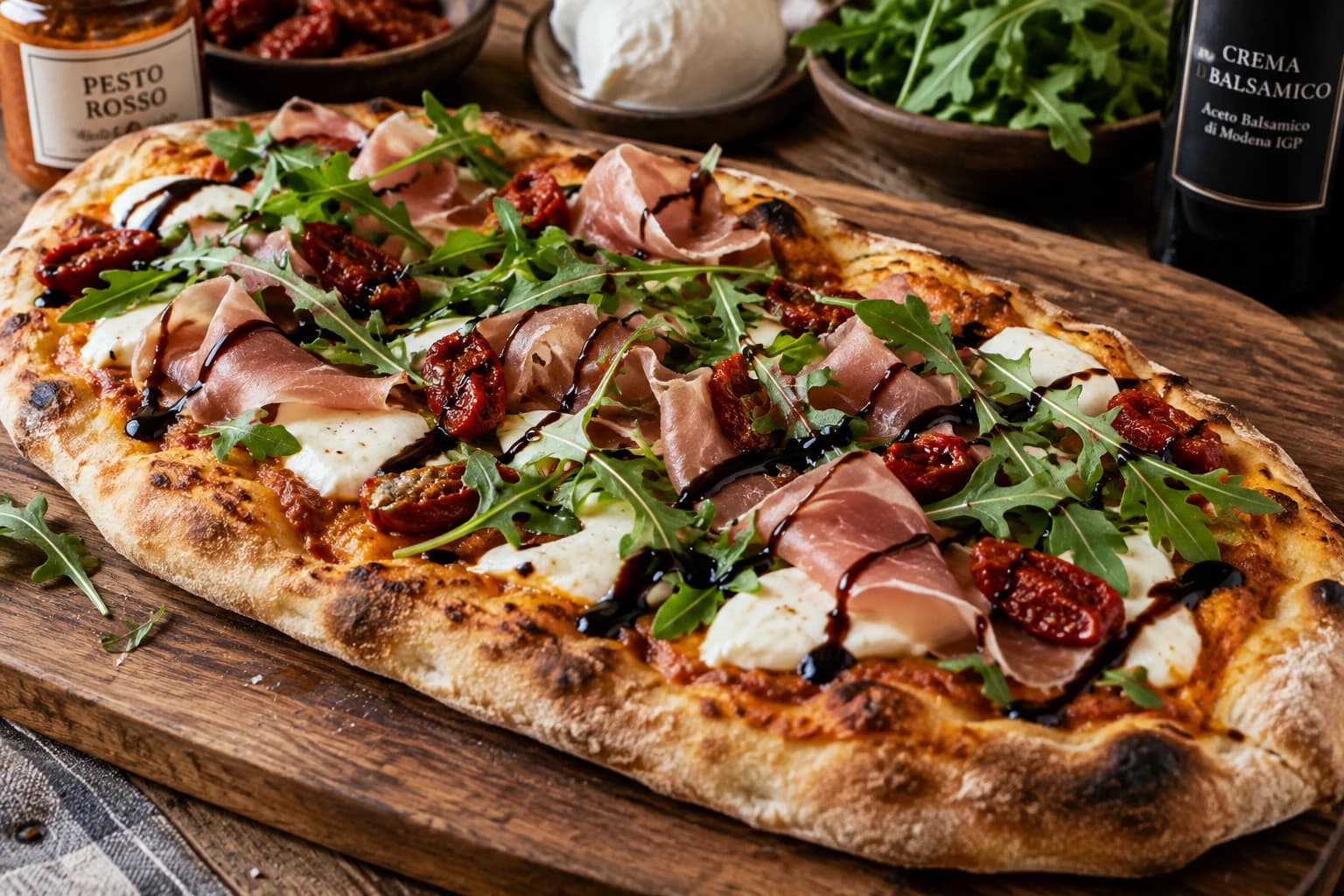 Pizza Portafoglio garnie de mozzarella, jambon, tomates confites et roquette