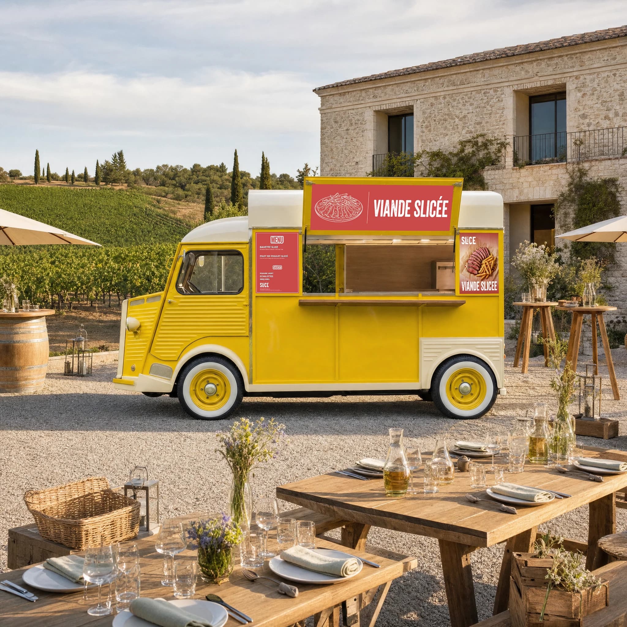 Citroën HY jaune Slice de Beau & Bon installé dans un cadre événementiel extérieur