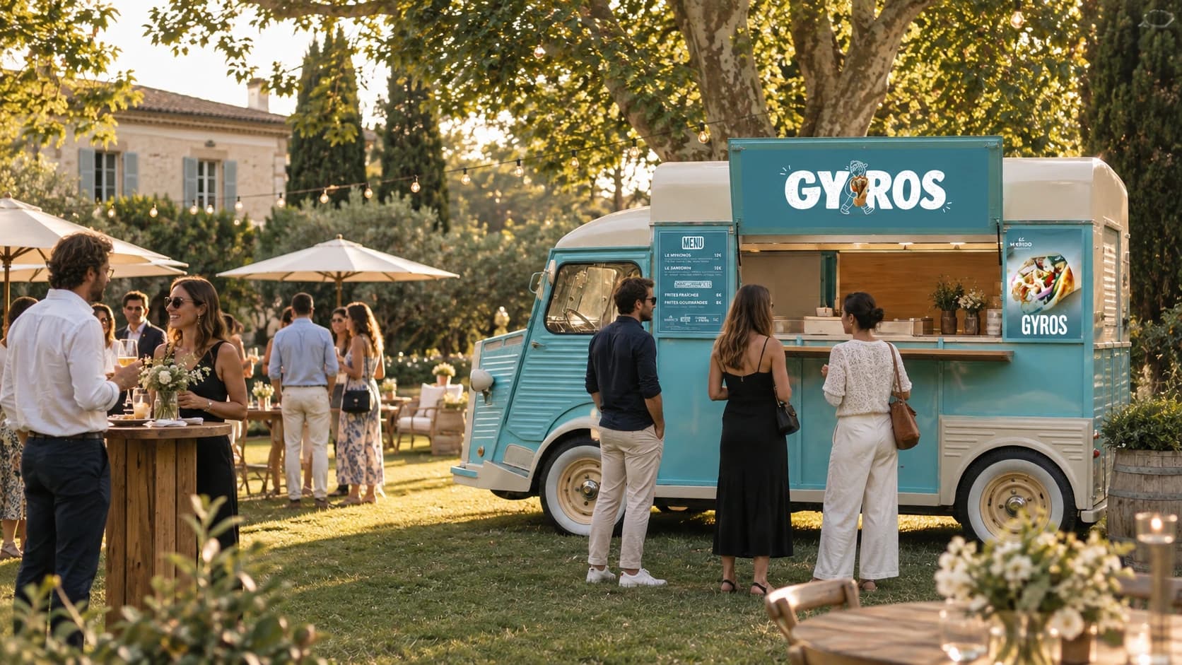 Simulation d’une garden-party avec un Citroën HY Gyros turquoise et des invités