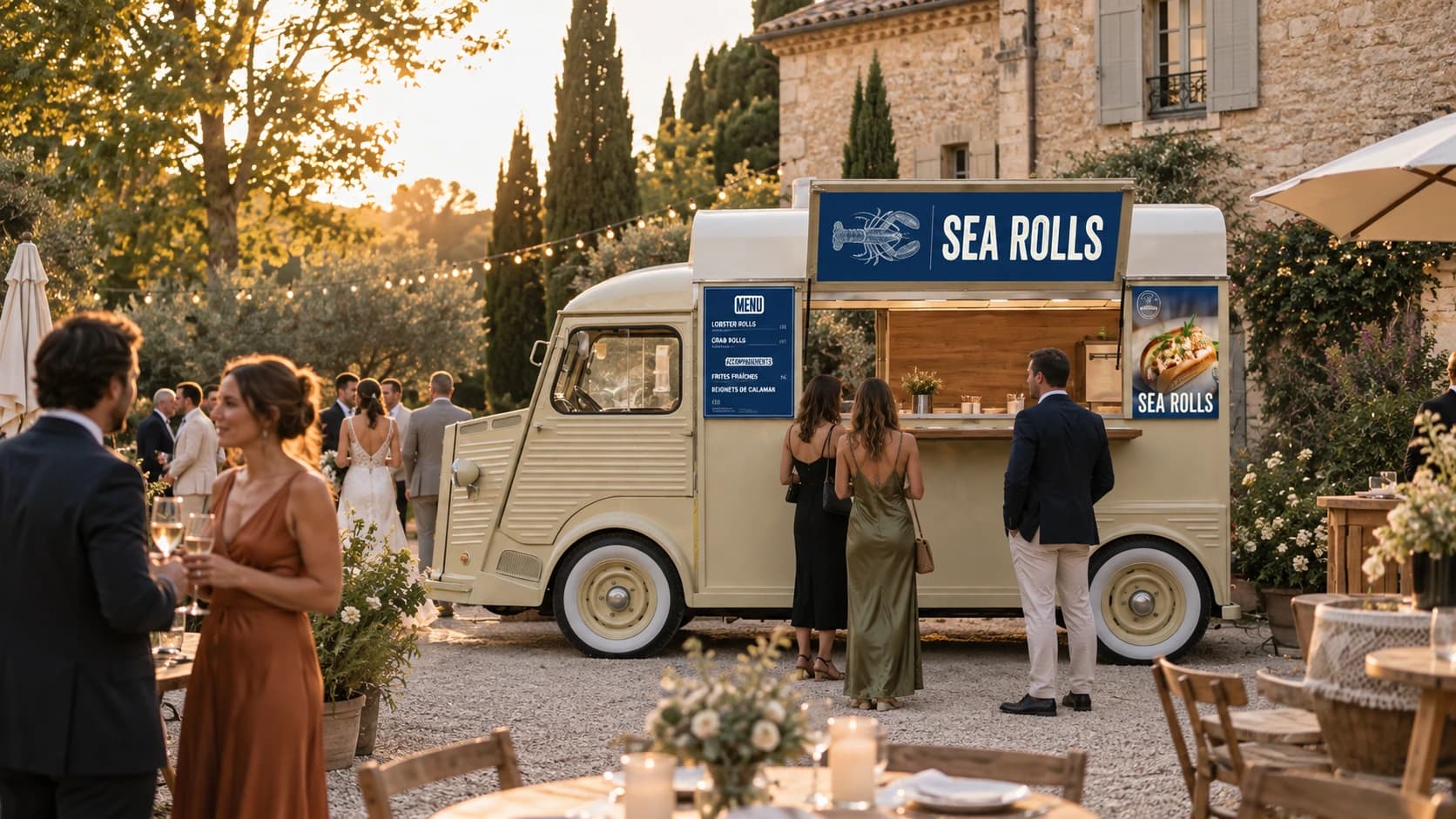 Simulation d’un mariage avec un Citroën HY Sea Rolls crème et des invités