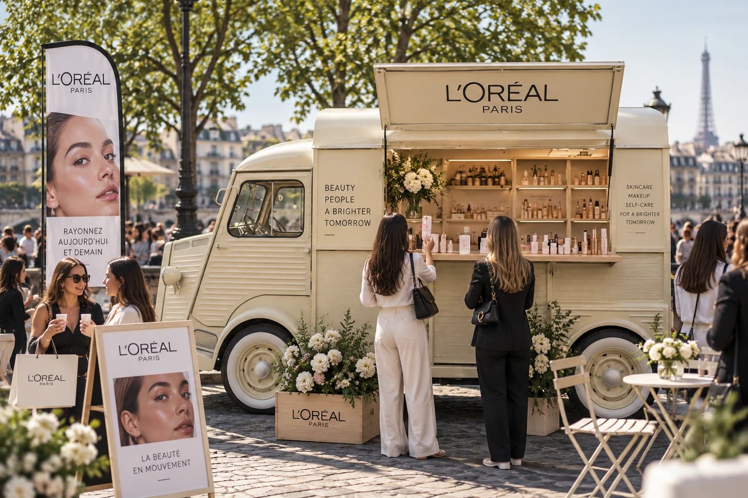 Simulation visuelle d’un Citroën HY beige pour un projet fictif de street marketing L’Oréal Paris, sans collaboration avec la marque
