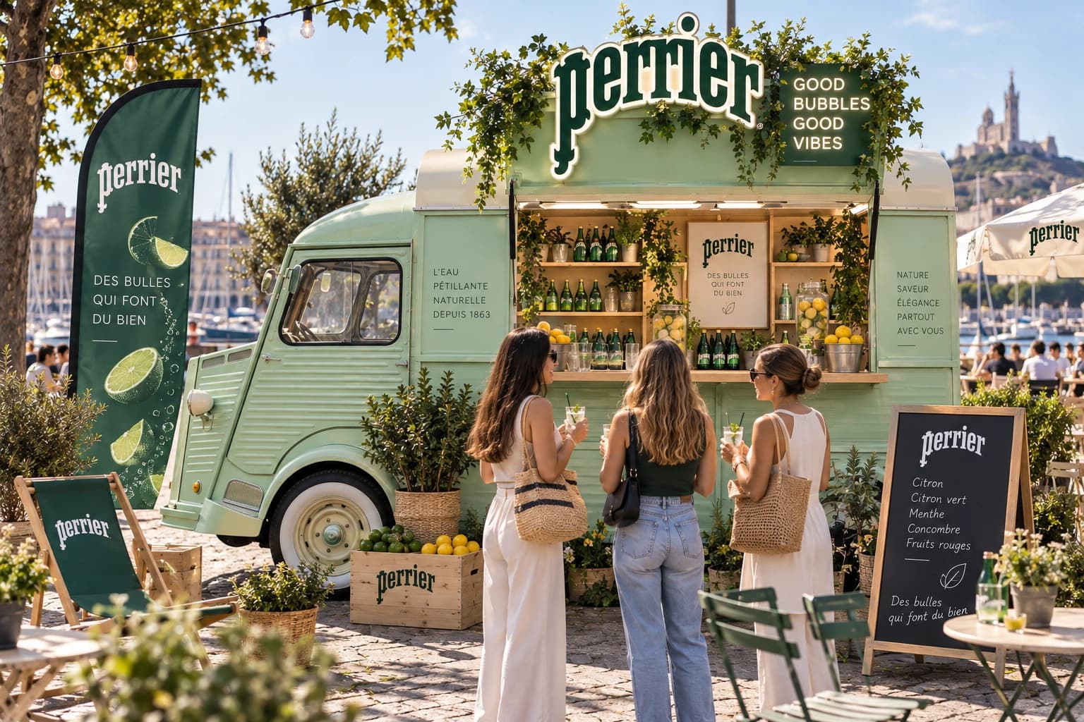 Simulation visuelle d’un Citroën HY vert pour un projet fictif Perrier au bord de l’eau, sans collaboration avec la marque
