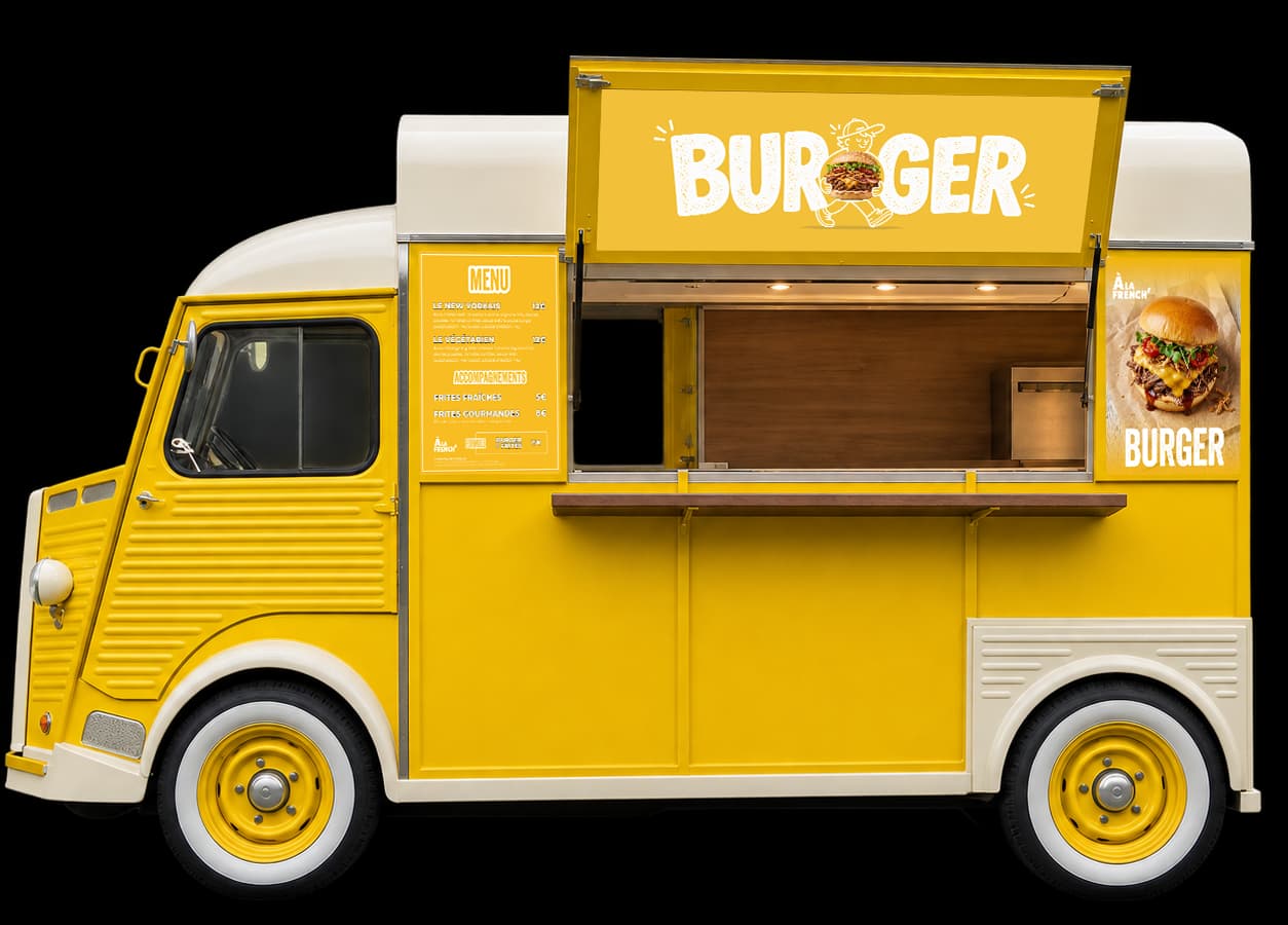 Citroën HY jaune Beau & Bon aménagé en foodtruck Burger lors d’un événement